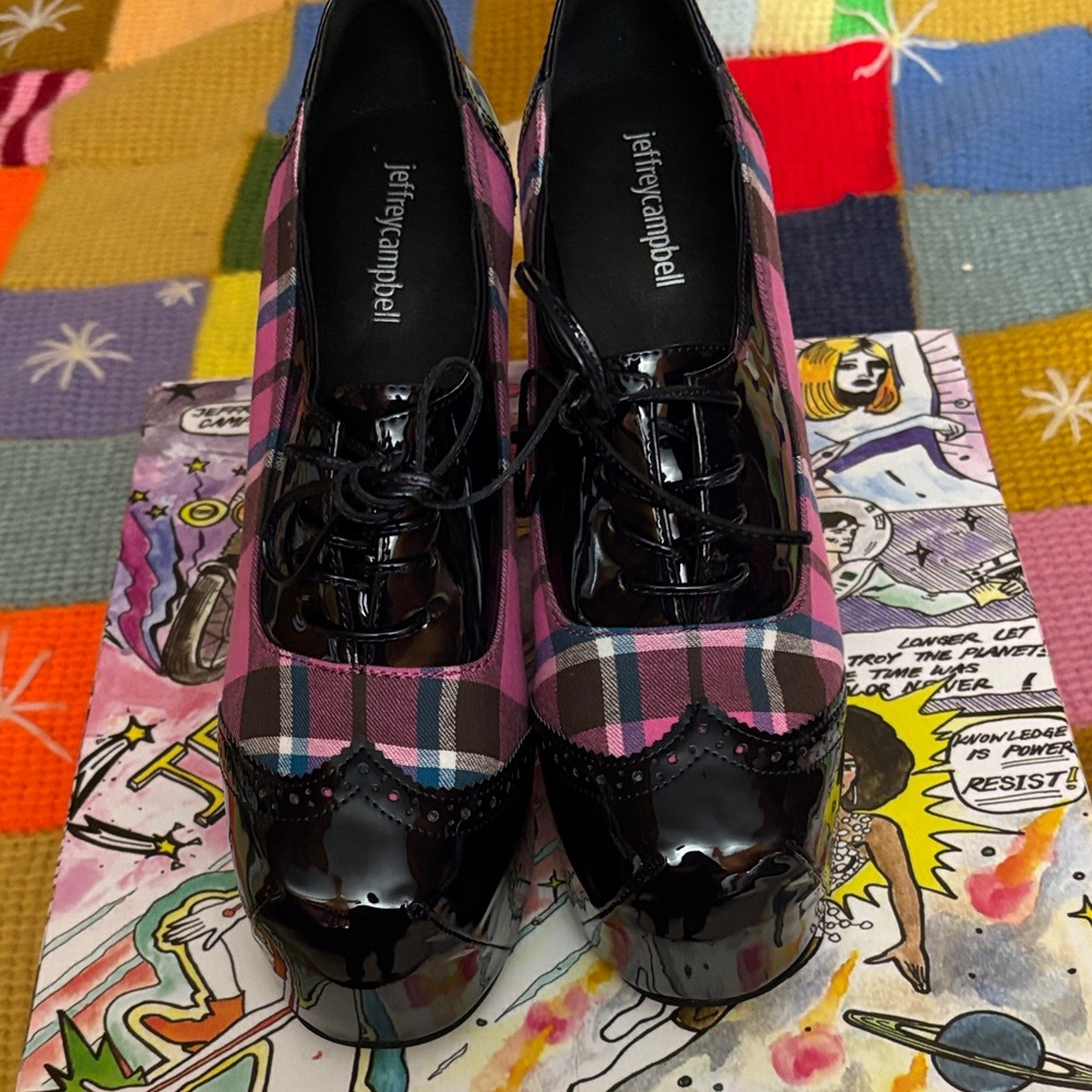 Jeffrey Campbell Pink Plaid and Black Patent Platform Oxfords